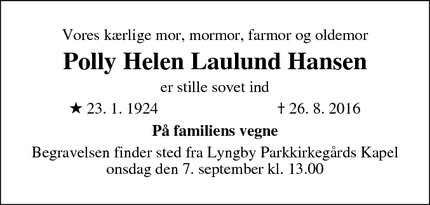 Dødsannoncen for Polly Helen Laulund Hansen - Lyngby