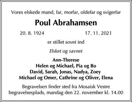 Dødsannoncen for Poul Abrahamsen - København