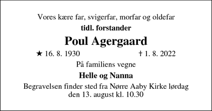 Dødsannoncen for Poul Agergaard - Nørre Aaby