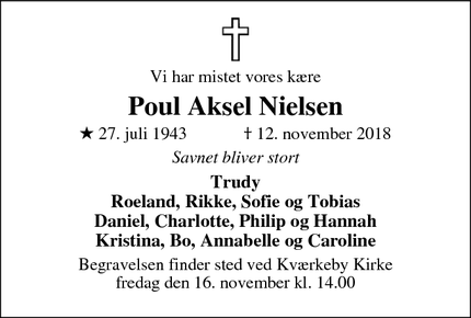 Dødsannoncen for Poul Aksel Nielsen - Kværkeby