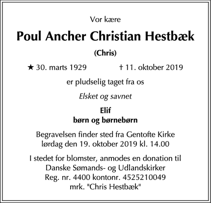 Dødsannoncen for Poul Ancher Christian Hestbæk - Gentofte