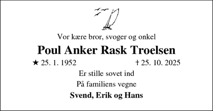 Dødsannoncen for Poul Anker Rask Troelsen - Sebbersund