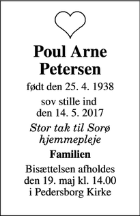 Dødsannoncen for Poul Arne Petersen - 4180 Sorø