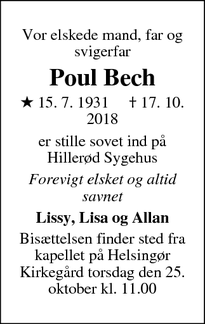 Dødsannoncen for Poul Bech - JANE BROOK