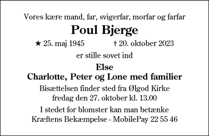 Dødsannoncen for Poul Bjerge - Ølgod