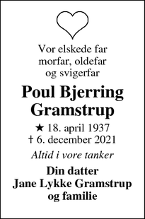 Dødsannoncen for Poul Bjerring Gramstrup - Malmø