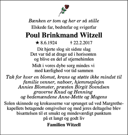 Dødsannoncen for Poul Brinkmand Witzell - Ejby, 4070  Kirke Hyllinge