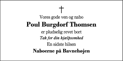 Dødsannoncen for Poul Burgdorf Thomsen - Kibæk