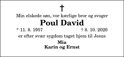 Dødsannoncen for Poul David - Østervrå