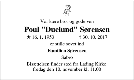 Dødsannoncen for Poul "Duelund" Sørensen - Hinnerup