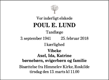 Dødsannoncen for POUL E. LUND - -