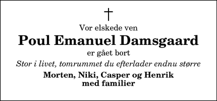 Dødsannoncen for Poul Emanuel Damsgaard - NIBE