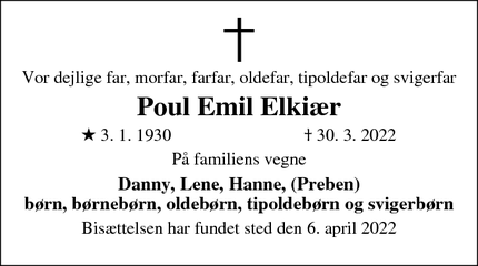 Dødsannoncen for Poul Emil Elkiær - Tølløse