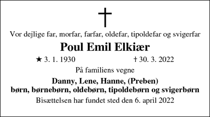 Dødsannoncen for Poul Emil Elkiær - Tølløse