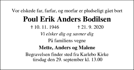 Dødsannoncen for Poul Erik Anders Bodilsen - Kirkelte