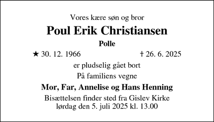 Dødsannoncen for Poul Erik Christiansen - Gislev