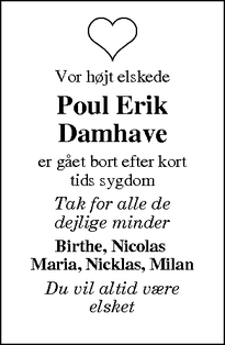 Dødsannoncen for Poul Erik Damhave - Otterup