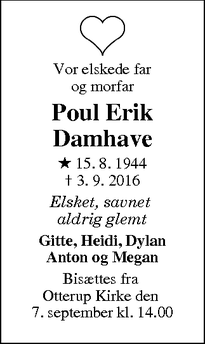 Dødsannoncen for Poul Erik Damhave - Otterup