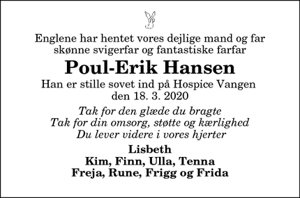 Dødsannoncen for Poul-Erik Hansen - Hadsund