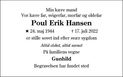 Dødsannoncen for Poul Erik Hansen - Roust