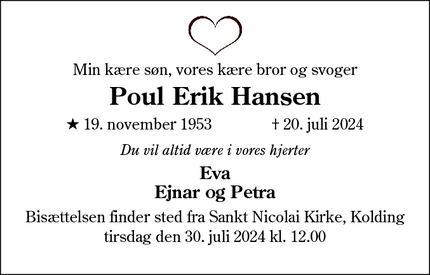 Dødsannoncen for Poul Erik Hansen - Grindsted