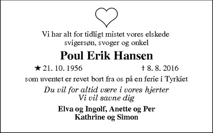 Dødsannoncen for Poul Erik Hansen - Varde