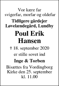 Dødsannoncen for Poul Erik Hansen - Hillerød