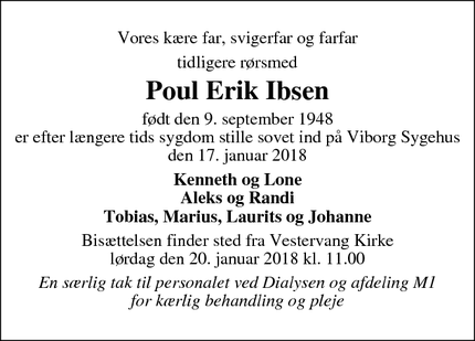Dødsannoncen for Poul Erik Ibsen - Viborg
