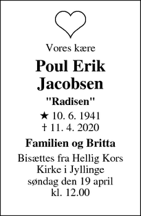 Dødsannoncen for Poul Erik Jacobsen - Jyllinge