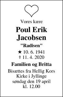Dødsannoncen for Poul Erik Jacobsen - Jyllinge