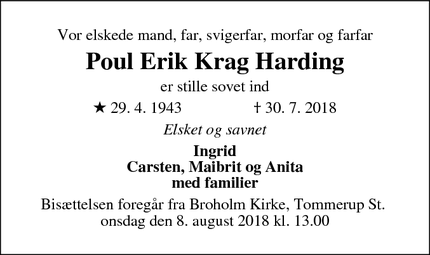 Dødsannoncen for Poul Erik Krag Harding - Odense