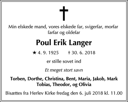 Dødsannoncen for Poul Erik Langer - Herlev