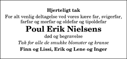 Dødsannoncen for Poul Erik Nielsens - Måsbjerg