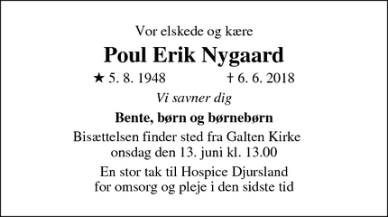 Dødsannoncen for Poul Erik Nygaard - Galten