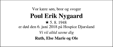 Dødsannoncen for Poul Erik Nygaard - Galten