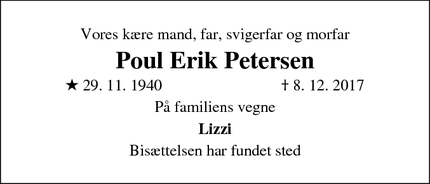 Dødsannoncen for Poul Erik Petersen - Hillerød