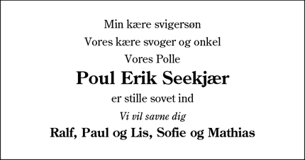 Dødsannoncen for Poul Erik Seekjær - Sønderborg