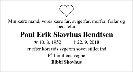 Dødsannoncen for Poul Erik Skovhus Bendtsen - Skanderborg