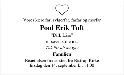 Dødsannoncen for Poul Erik Toft - Valby