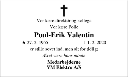 Dødsannoncen for Poul-Erik Valentin - Viborg