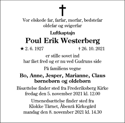 Dødsannoncen for Poul Erik Westerberg - Frederiskberg