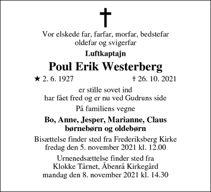 Dødsannoncen for Poul Erik Westerberg - Frederiskberg