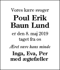 Dødsannoncen for Poul Erik
Baun Lund - Kolding