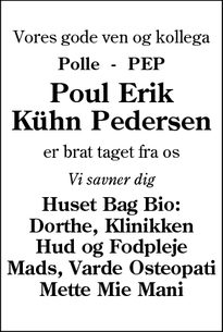 Dødsannoncen for Poul Erik
Kühn Pedersen - Varde