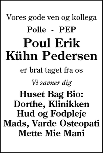 Dødsannoncen for Poul Erik
Kühn Pedersen - Varde