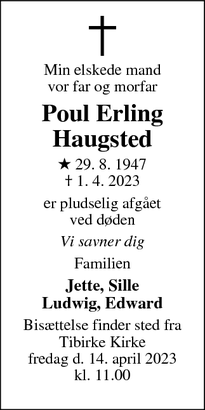 Dødsannoncen for Poul Erling
Haugsted - Tisvildeleje