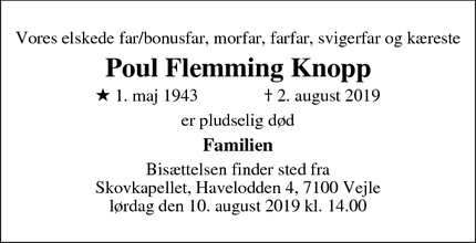 Dødsannoncen for Poul Flemming Knopp - 8000 Aarhus C.