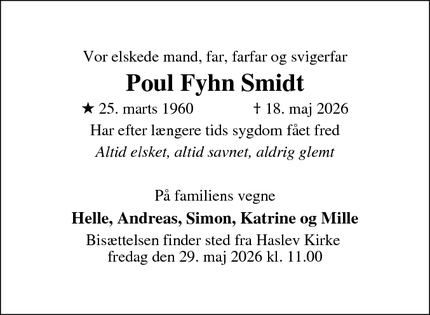 Dødsannoncen for Poul Fyhn Smidt - Haslev