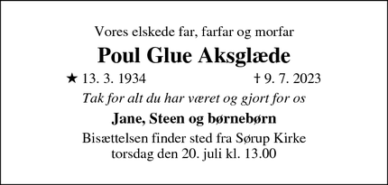 Dødsannoncen for Poul Glue Aksglæde - Århus N