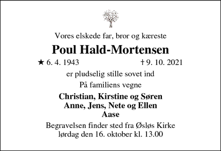 Dødsannoncen for Poul Hald-Mortensen - Vesløs